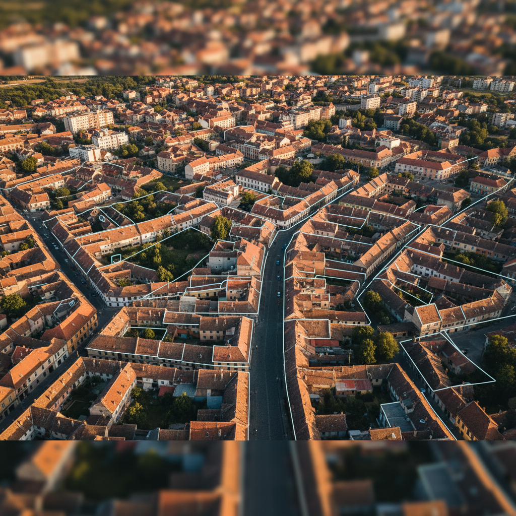 A panoramic, photographic view of an urban neighborhood in Craiova, Romania, seen from above at mid-height, with subtle outlines and markers overlaid on rooftops, parcels, and streets to suggest property boundaries and cadastral data without using readable text. The buildings show varied heights and red-tiled roofs, separated by narrow streets and small green courtyards. Warm late-afternoon light bathes the scene, creating soft shadows that accentuate terrain and construction lines. The composition follows the rule of thirds, with the central zone in sharp focus and the outer edges slightly softened to guide the eye. The mood is orderly and trustworthy, evoking structured land organization and professional cadastral management in an authentic Romanian urban setting.