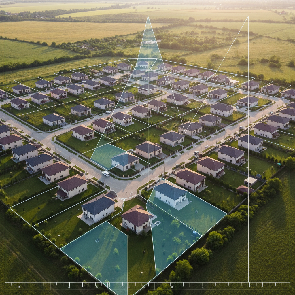 A detailed, photographic aerial-style composition of a suburban residential development on the outskirts of Craiova, showing rows of detached houses, gardens, and intersecting streets, with translucent overlay shapes indicating land parcels and measurement grids without any legible labels. Golden hour sunlight casts long, soft shadows from buildings and trees, revealing gentle terrain undulations. The color palette is natural and slightly warm, with green lawns, pale pavements, and varied roof colors. Shot as if from a low-flying drone, the image has sharp focus across the frame, capturing structure and order. The atmosphere is calm and secure, emphasizing organized land planning, legal property boundaries, and the professionalism associated with cadastral services in a real Romanian environment.
